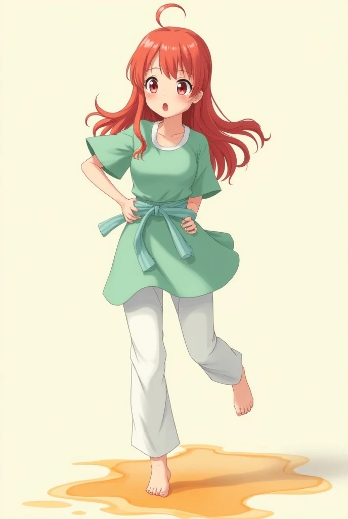 A cute, red-haired, and long-haired anime girl wearing a mint-colored dress and white taekwondo pants spilled it on her pants while drinking orange juice