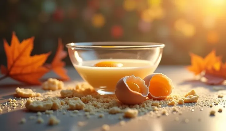 Create image of two eggs cracked into a large glass mixing bowl, with the yolks and egg whites visibly separated in the bowl. Alongside the eggs, there is a small amount of crumbly dough consisting of sugar and butter, scattered around the edges of the bow...