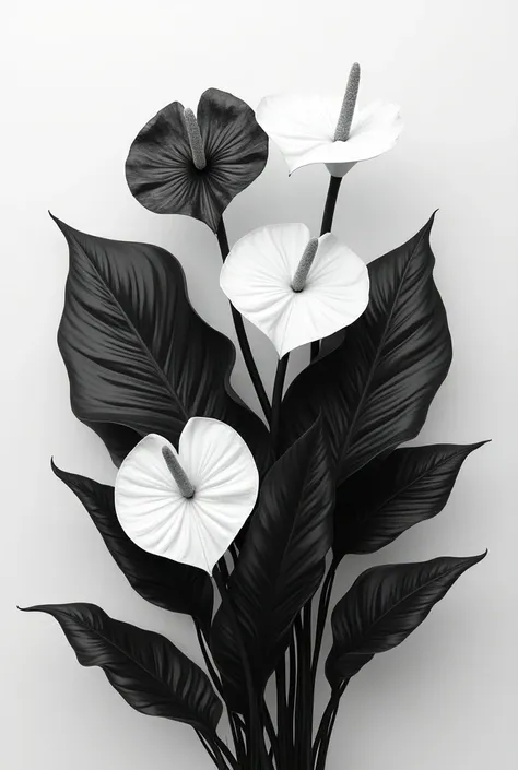 Anthurium bouquet with the flower of the Holy Spirit in black and white