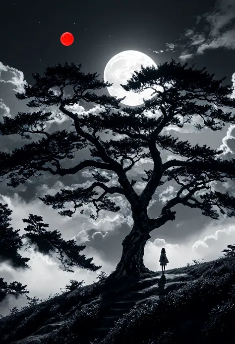 surreal theme, anime style, white fleecy hill, sprawling black and white tree, red neon moon in white and gray sky, max details,...