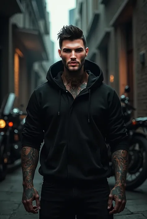 male, brown eyes, light beard, black hair, tattoos on his hands, on his neck, muscular wearing a black hooded sweater, standing in a dark alley in front of a motorcycle at night
