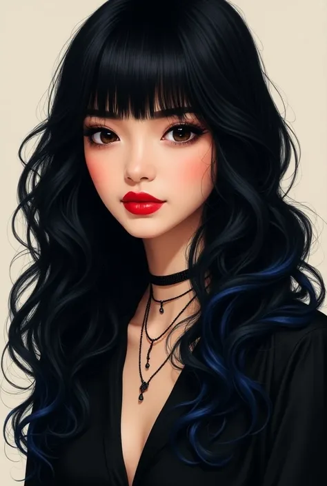  I could create a drawing of a 24-year-old white girl , with dark brown eyes,  wearing red lipstick with long black hair ,  curled at the tips ,  with straight bangs covering her eyebrows and blue highlights at the tips, wearing a black necklace and black ...