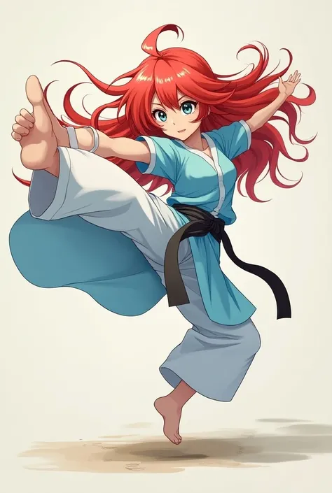 A cute, long-haired, red-colored anime girl wearing a light blue dress and white taekwondo pants is kicking