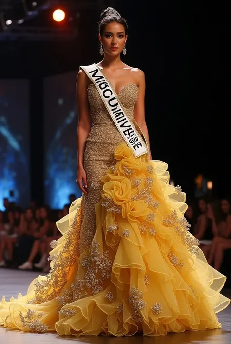 Make me a dress design never seen before for Miss Universe referring to Colombia with a lot of shine a lot of elegance 