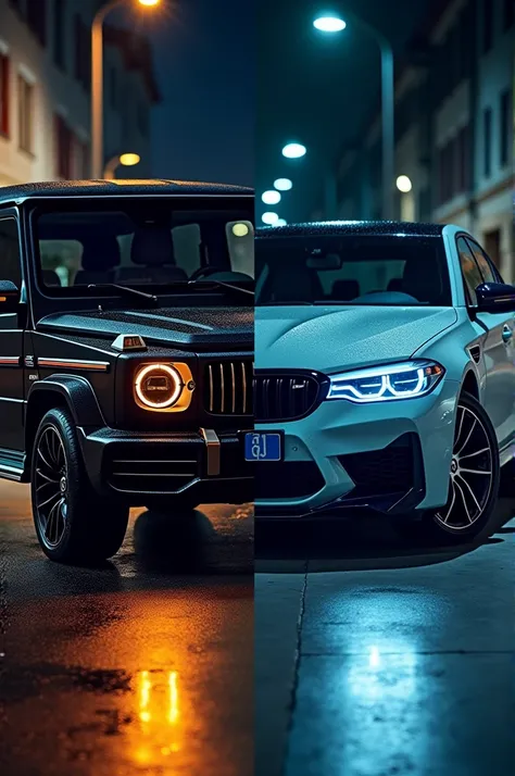 Outdoors ,  picture of Mercedes G-Class and BMW M5 side by side on city streets or against natural scenery background.  Mercedes G-Class distinctive ,  square shaped ,  distinguished by its high and spacious body .  It is in black or silver ,  strong and s...