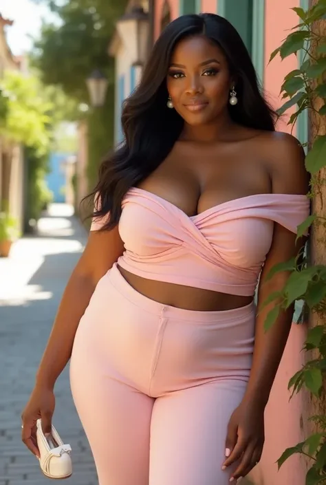 A curvaceous Black woman in a form-fitting, pastel pink ruched off-shoulder top paired with matching fitted pants, styled with white pumps and pearl earrings, her hair in loose waves as shes near a pastel-painted wall on a quaint, tree-lined street.

