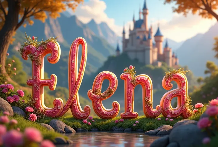 Créé une image de style Disney 3D ultra réaliste avec un texte écrit lettre par lettre "ELENA".