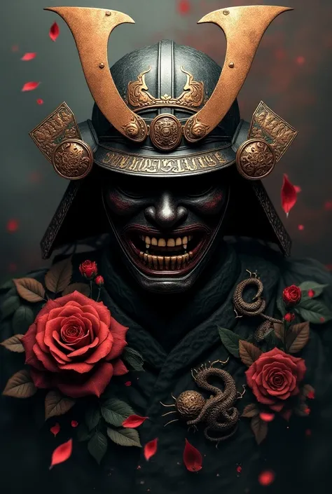 Samurai mask with roses and dragons tattoo design