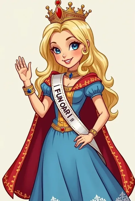 A full-length portrait of a contest queen in Quito raising her hand as if to greet, tacos blanco ,  dressed in blue and red , with her crown with a drawing style for a cartoon , It must be beautiful, blonde hair,  blue eyes and having a look that transmits...