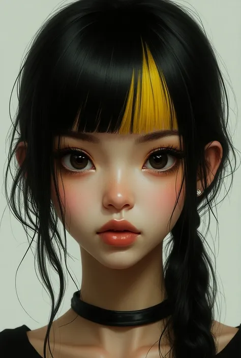 A girl has a rectangular face. Her eyes are black. Her hair is part yellow and part 
 Long black. Her lips are brown and triangular