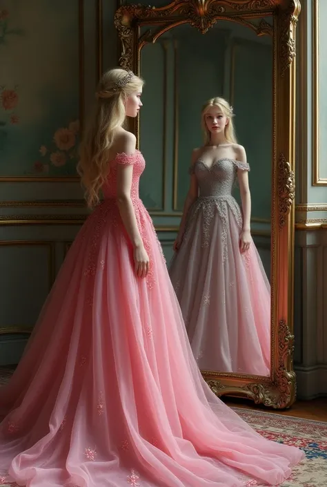 Little princess in a pink dress looking at the gray dress in the mirror reflection