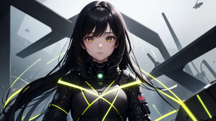 from future intelligence, technology background, complex mission, sudden mystery, unexpected result, unknown variables, strange data, confident look, space black pioneer dress, yellow eyes, black hair