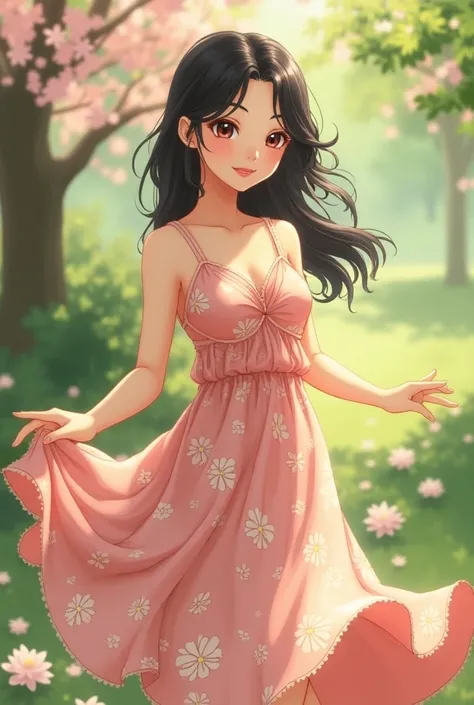 Create an image of the young Japanese woman in a playful, floral summer dress that accentuates her voluptuous figure. The dress has a cinched waist and a flared skirt, with delicate straps that highlight her shoulders. She poses with a joyful expression, p...