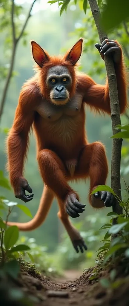 Orangutan-Kangaroo Hybrid
"Imagine an orangutan-kangaroo hybrid with the strong upper body of an orangutan and the powerful legs and tail of a kangaroo. Its fur is a reddish blend of both animals, and it has large, expressive orangutan eyes. This creature ...