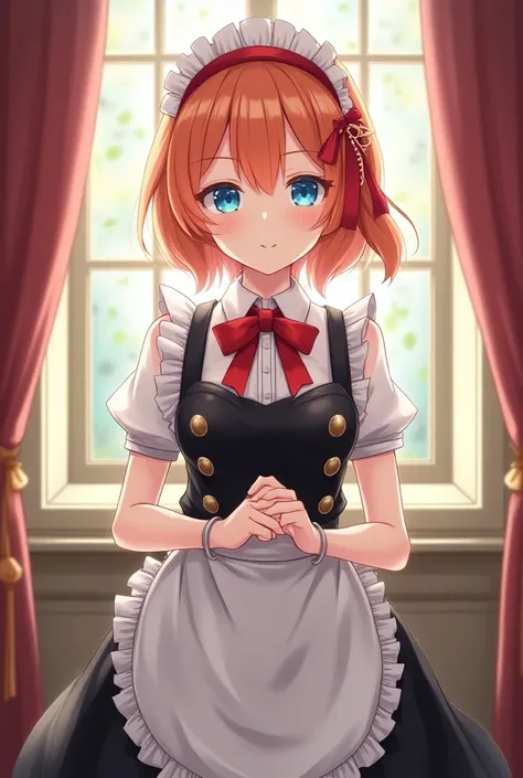 masterpiece,best quality,anime,(2d:1.2),indoors, ,  1girl, roswaal mansion maid uniform, solo, maid, cyan blue eyes, short hair,bow hairband, hair between eyes, detached sleeves, looking at viewer, red hairband,ribbon, bangs, looking back, bow, orange hair...