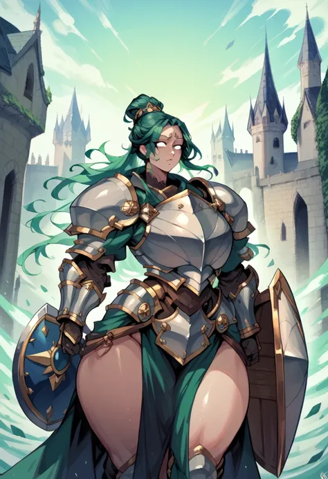 Female,milf,mature,gigantic boobs,gigantic ass,armored,green hair,hair bun,long hair,castle background,shield,white eyes,fully armored,