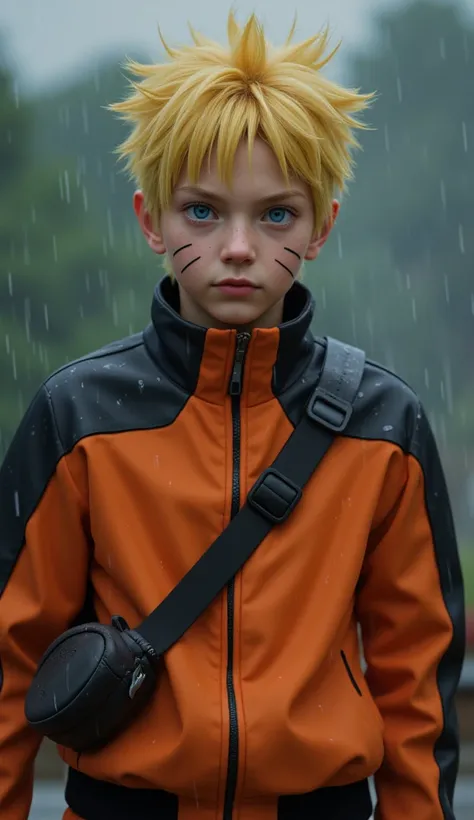 Naruto Uzumaki, age 16, portrait from chest to hips, wearing orange and black jacket with zipper, ninja tool pouch, young ninja with spiky blonde hair and whisker marks, caught in the rain, intense blue eyes, water droplets on face, dramatic bokeh backgrou...