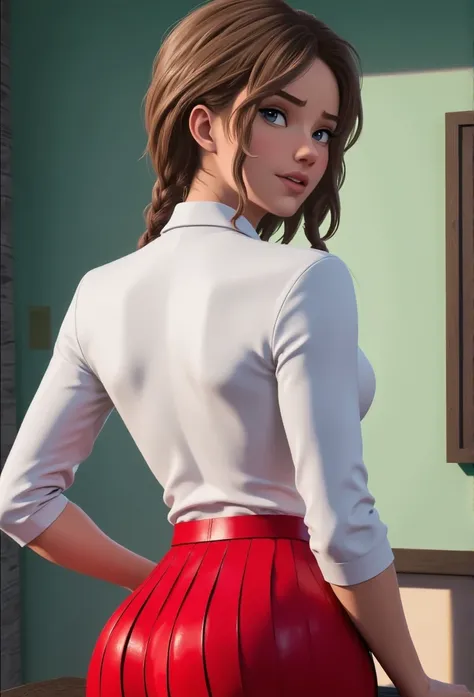 Back to camera,tight office shirt, red pleated skirt, brown braids hair, curvy, thin waist, Big juicy ass, looking at viewer