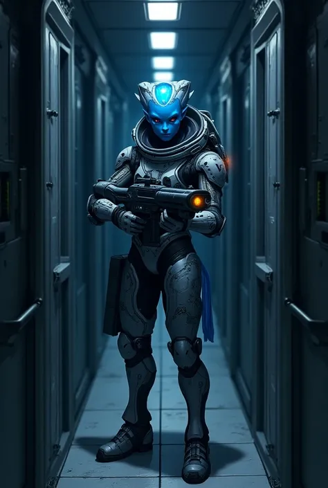  anime style. Blue-skinned alien with space armor holding a rifle in a ship corridor 