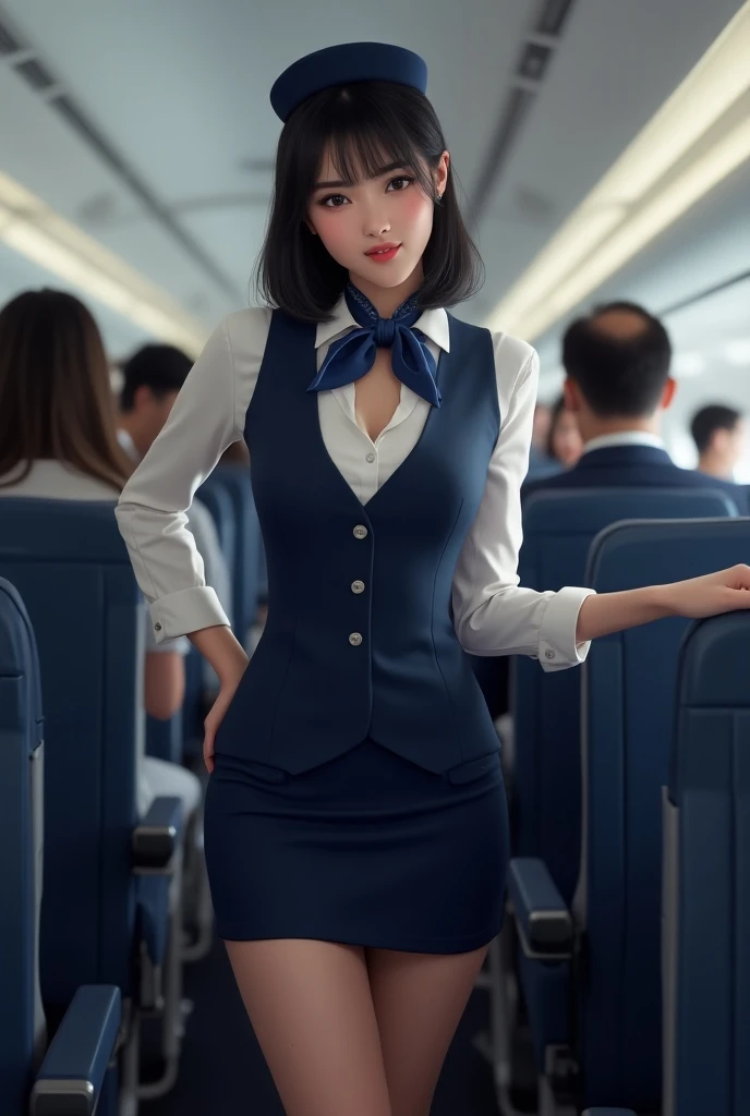  hyperrealistic image , A pretty Asian teenager, Youthful beauty, Pretty girl,  Slim Body Coats,  big boobs,  narrow waist, straight black hair. A sexy stewardess in formal wear,  straight dark blue miniskirt ,  white low-cut shirt , stewardess hat , dark ...