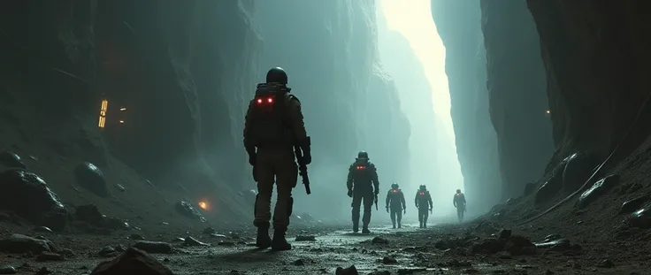 cinematic film, ridley scott style, dramatic lighting. post apo scifi vista, one alone soldier with riffle in hands withtwo red smal light on uniforms, another soldiers in power armor. dystopian, 16:9. empty environment, big hole similar to canyon,, camera...