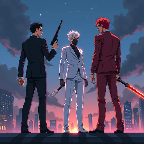 Anime style There are 3 guys One in a black suit He has black eyes and black hair He has a gun in his hands 2 guys in a white suit He has white eyes and white hair He has dynamite in his hands 3 guys in a red suit He has red eyes and red hair He has a swor...