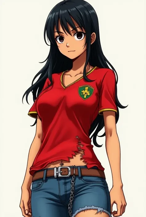 Nico Robin in the regular one-piece version with Flamengos red jersey torn Blanco short jeans with chain
