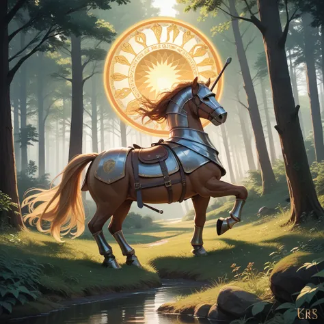 Knight of Cups tarot card ,  rider on horseback in a forest with a huge sun behind him,  stylized in blue and gold colors , Full HD, hyper-realistic,  The best quality 