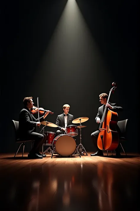 Drum set,a violin and a double bass under a spot light 