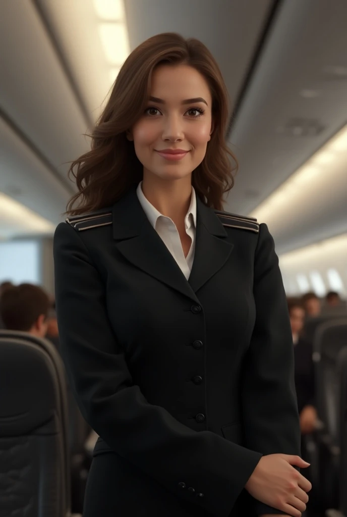 Young woman with brown wavy hair wearing a black air hostess uniform.