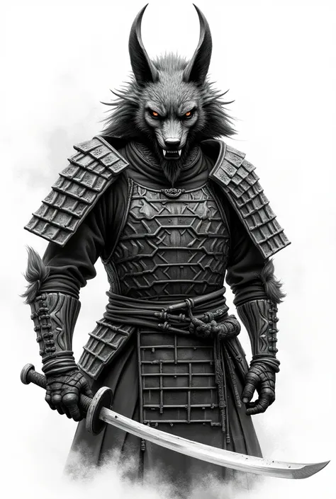 A tattoo of a Japanese samurai wearing wolf-like armor with his sword and that is black and white 