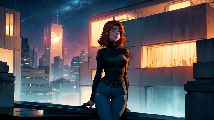 "a young woman with short auburn hair sits on the edge of a rooftop at night, gazing out over a quiet cityscape illuminated by d...