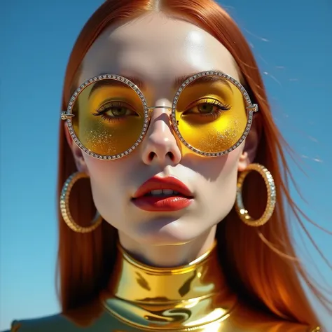 A hyper-detailed, avant-garde photograph featuring a striking europian beautiful supermodel girl with long red hair and pale light brown skin against a clear, plump lips, dark blue sky. Her full-face close-up highlights the smooth texture of her flawless c...