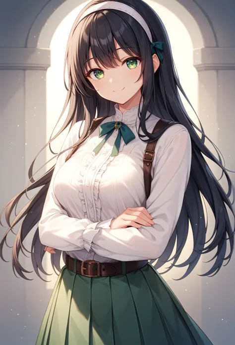 score_9, score_8_up, score_8, score_7_up, score_7,high res image,(soft colors, warm lighting,clear skin,smooth skin:1.5),8k,cg BREAK 1girl,black hair, long hair,White blouse, (green long skirt),standing,outdoor,green eyes,Smiling,Gentle expression,Long sle...