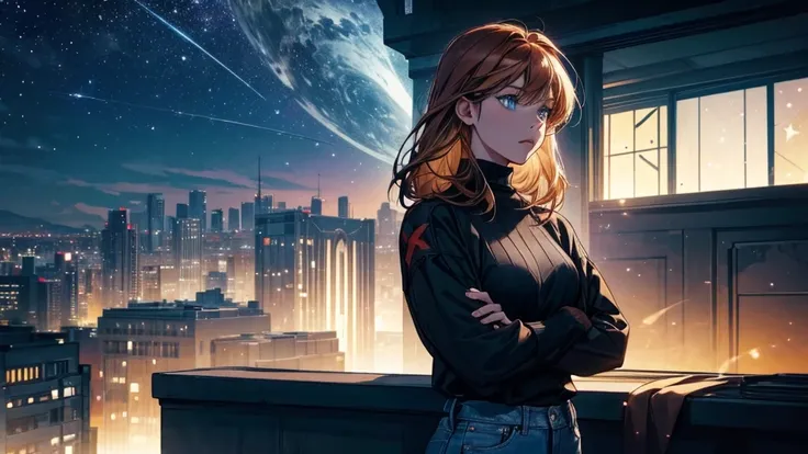 "a young woman with short auburn hair sits on the edge of a rooftop at night, gazing out over a quiet cityscape illuminated by d...