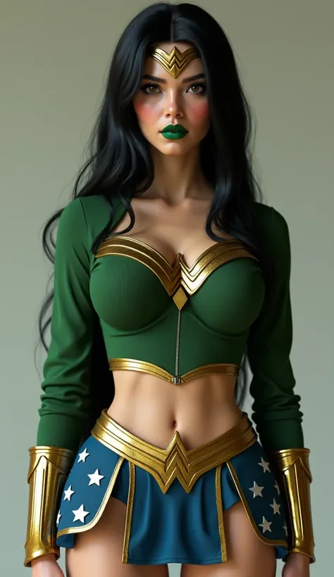 Beautiful girl with white skin, straight black hair with curves, green lips, green blouse and gold mini skirt, Wonder Woman symbol, boots, Standing posture during filming, very detailed, hd, Extremely detailed, ray tracing, high resolution , stunning visua...