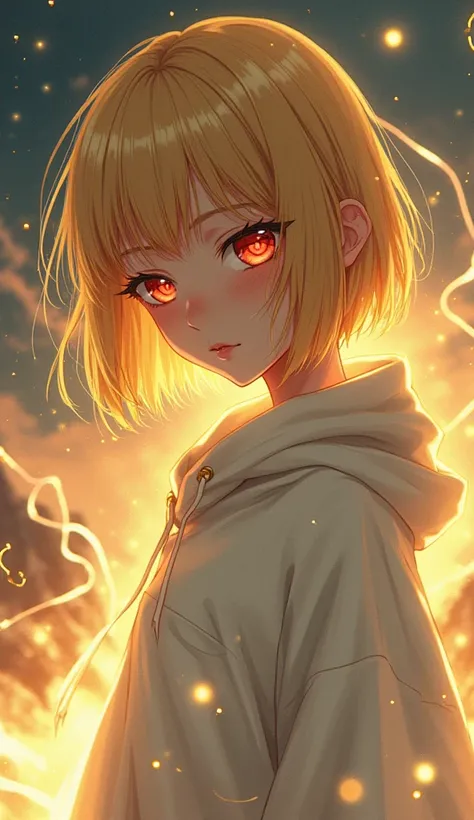  Anime 2d art . Beautiful woman ,big red eyes, golden hair bob haircut , white oversized hoodie ,white thigh-high boots, mystery ,twilight, many small gold sparks and lights around , glowing gold dust in the air ,Kamchatka mountains ,glowing magic lines ru...