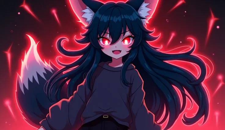 Female, Mobian, Fox, ((())), (((2D Anime Style))), (solo), (1girl), high quality digital art, red and black neon lines sketch art, a dark blue furred female anthropomorphic Fox, has glowing red eyes, (((dark blue fur))),  (ish smiling), open mouth, (((VERY...