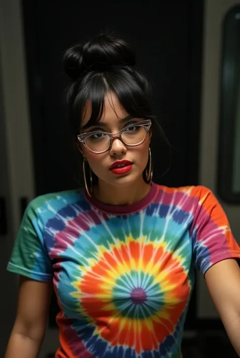 1 girl, 25 year old famale, huge breast, glasses retro cat, black hair in a messy bun, black background, stylish tie-dye t-shirts brand HOT POSES, selfie, bathroom mirror, bright lighting