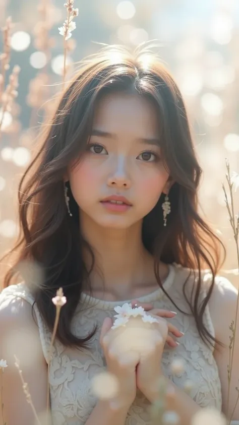  A mesmerizing portrait in the foreground of a beautiful little bird illuminated by the soft golden light of a quiet morning, with vibrant bokeh balls gently framing its delicate shape.