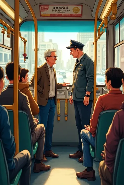 Picture of a bus collector talking to passengers in a drawing 