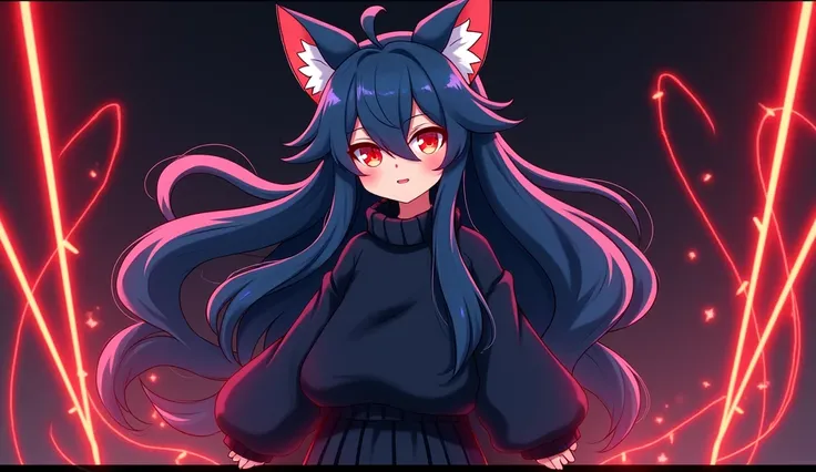 Female, Mobian, Fox, ((())), (((2D Anime Style))), (solo), (1girl), high quality digital art, red and black neon lines sketch art, a dark blue furred female anthropomorphic Fox, has glowing red eyes, (((dark blue fur))),  (ish smiling), open mouth, (((VERY...