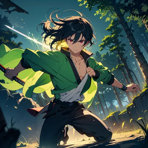 create an epic and dynamic image that captures a young and courageous swordsman ,  inspired by the artistic style of kimetsu no ...