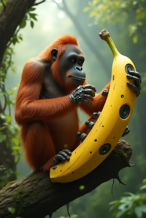 An orangutan building a banana robot