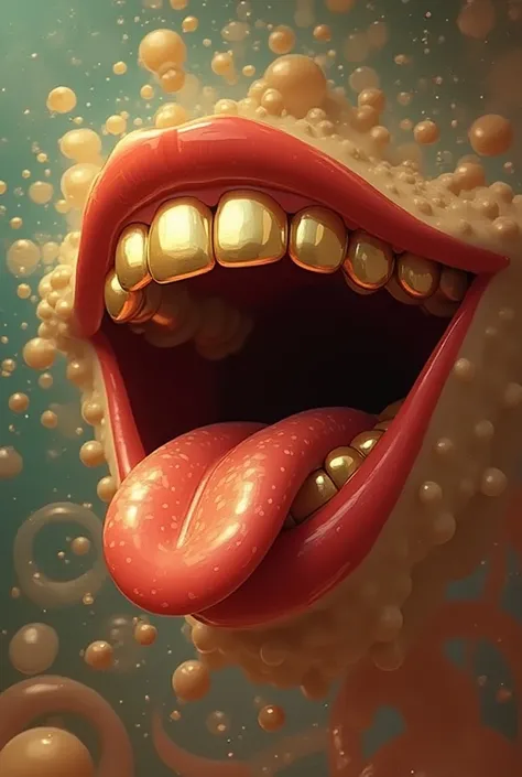 Animated Lips with Gold teeths with tounge out, driping with abstact shapes cycle background 