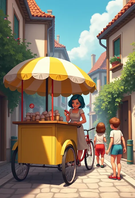 The ice cream parlor. We are in a small cobblestone street of town the beautiful ice cream shop aunt Tania short blue hair dress from gelato short yellow and white, red reins, his little ice cream stand is towed by an old bicycle, she makes ice cream for l...