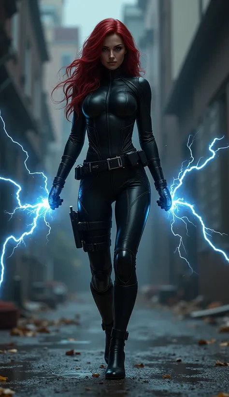 Imagine Shocking Suzi as a hybrid with Black Widow, blending Suzi’s electricity powers with Natasha’s tactical expertise. She wears a stealthy, black tactical suit shows her big big breasts with blue and yellow , lightning-charged gauntlets and gadgets on ...