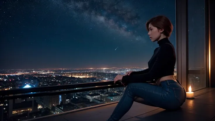 "a young woman with short auburn hair sits on the edge of a rooftop at night, gazing out over a quiet cityscape illuminated by d...