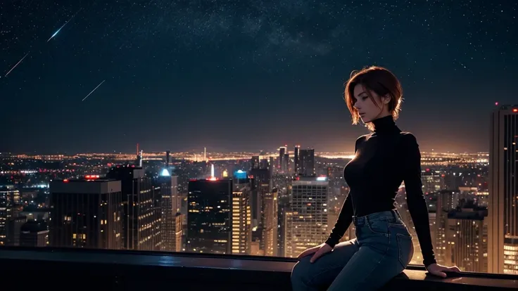 "A young woman with short auburn hair sits on the edge of a rooftop at night, gazing out over a quiet cityscape illuminated by distant city lights. She is wearing a black turtleneck and jeans, with her legs casually folded beneath her as she holds a cigare...