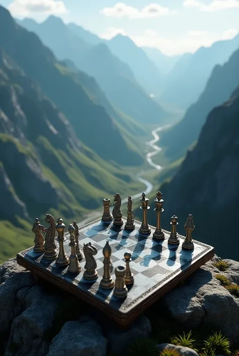 amazing chess board and its pieces on the top of mountain with the view of the valley below